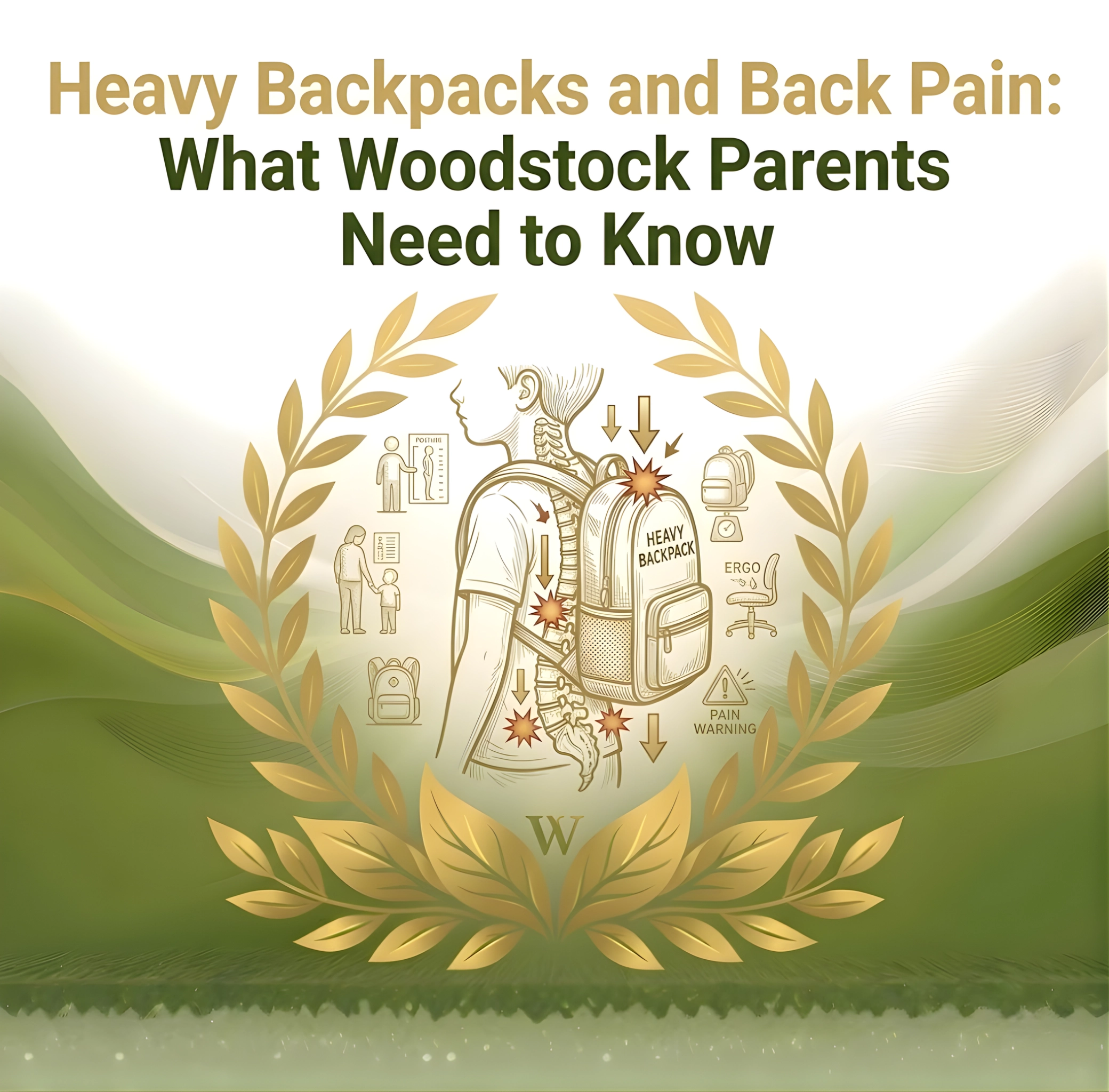 Illustration of a child with a heavy backpack and highlighted back pain points. Surrounding icons depict posture tips and ergonomic advice. Text: "Heavy Backpacks and Back Pain: What Woodstock Parents Need to Know." Leafy border with a green and gold color scheme conveys concern and care.