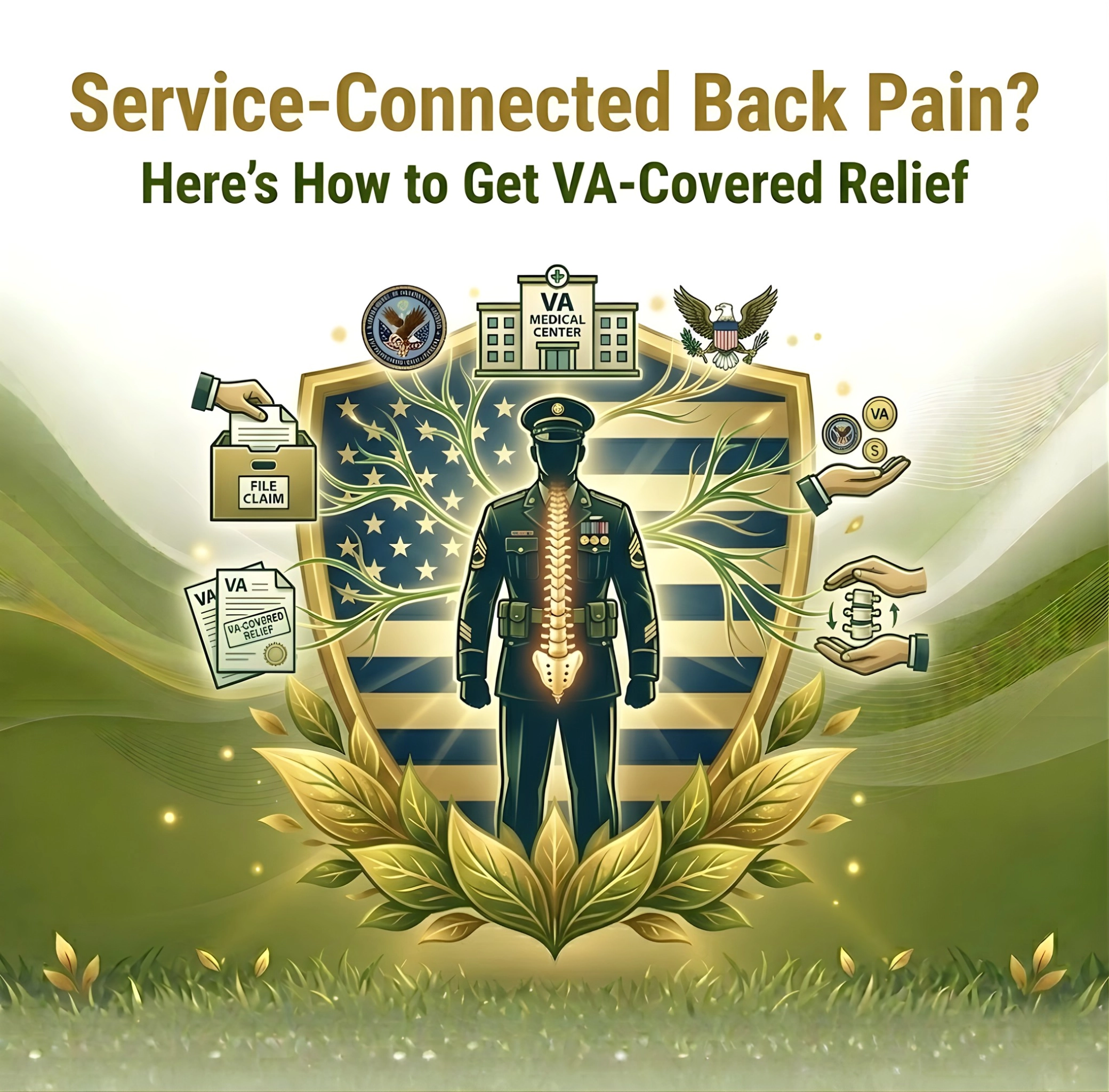 Illustrated announcement for Ribley Family Chiropractic, featuring handshake in a laurel wreath. Highlights VA referrals, benefits, and chiropractic support. Text emphasizes compassionate care for veterans. Green, gold, and earthy tones convey warmth and trust.