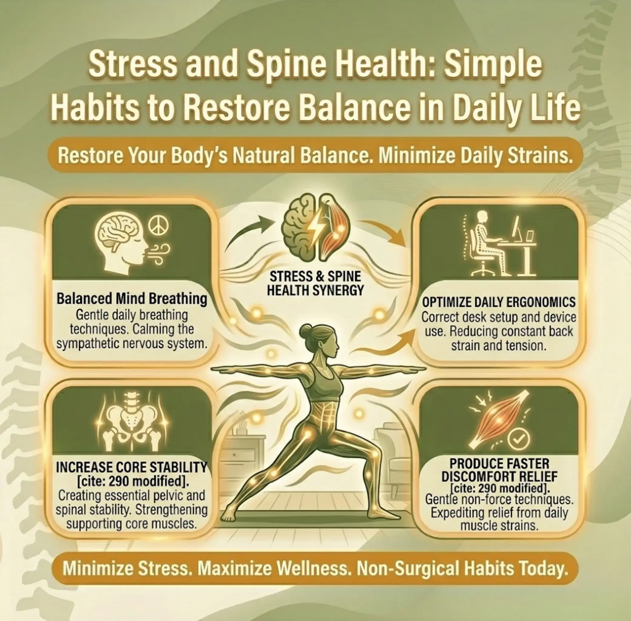 Ribley Chiropractic Infographic on stress and spine health. Shows a person doing yoga surrounded by tips: breathing, ergonomics, core stability, and discomfort relief.