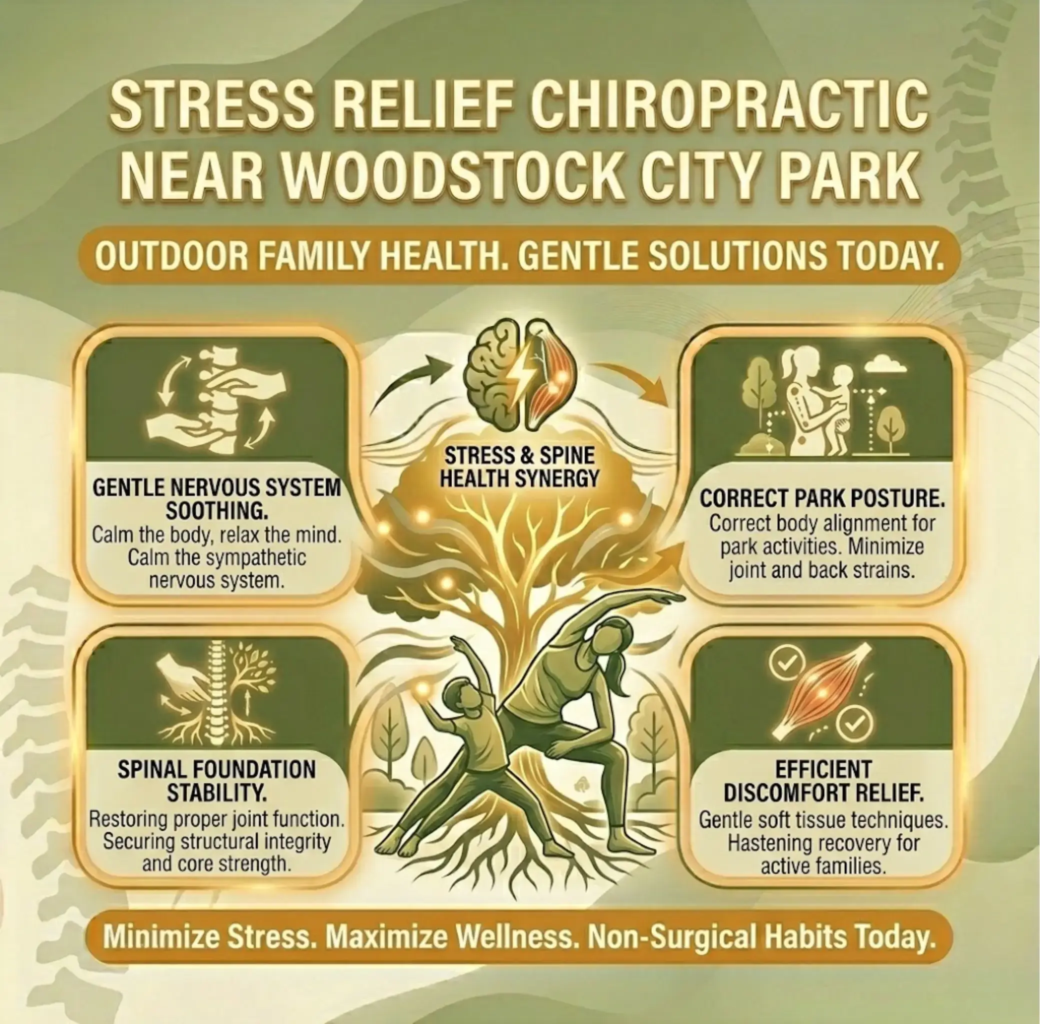 Ribley Chiropractic Infographic for Stress Relief Chiropractic near Woodstock City Park. Features benefits of outdoor family health: nervous system soothing, spine stability, park posture, and discomfort relief. Illustrated with tree and serene family poses, conveying relaxation and wellness.