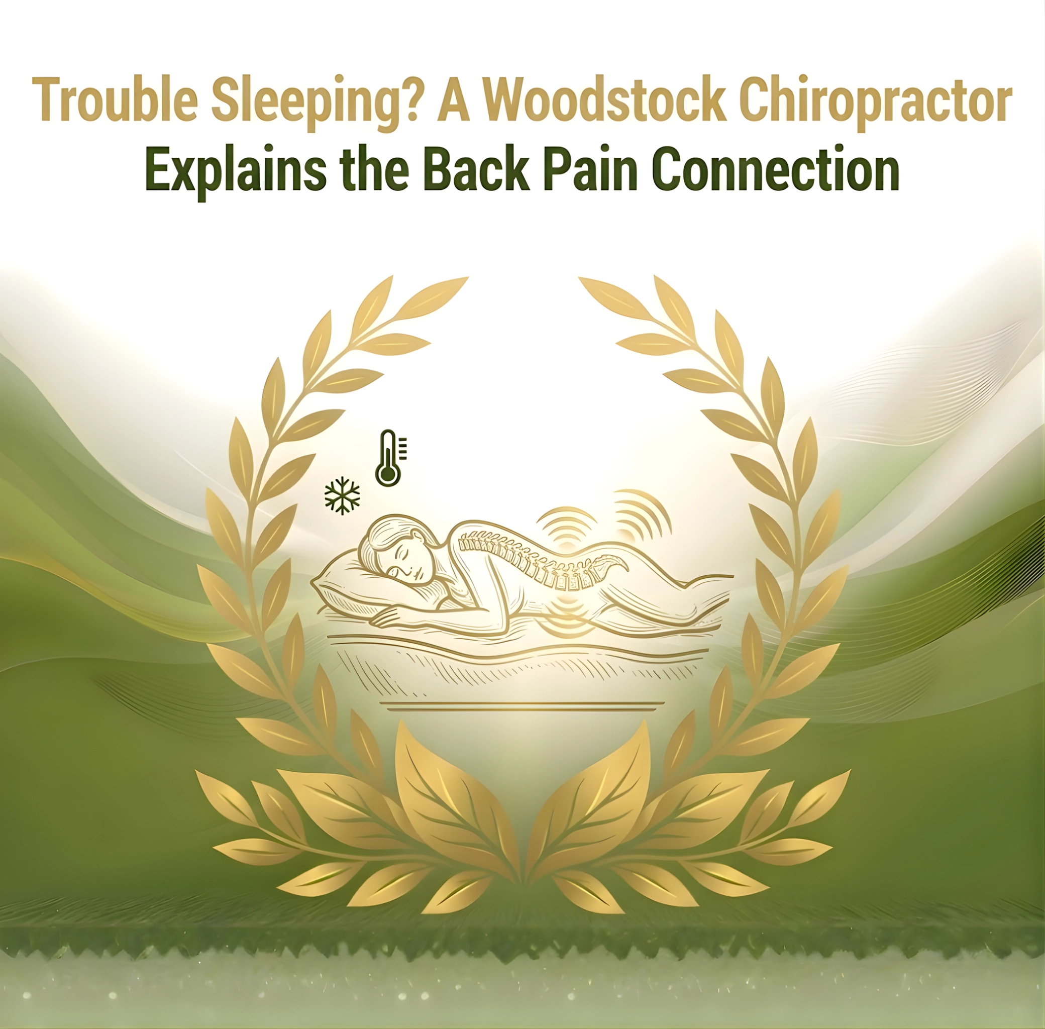 Ribley Chiropractic Featured image of a person sleeping on their side, outlined in gold surrounded by laurels. Text discusses chiropractic insights on sleep and back pain.