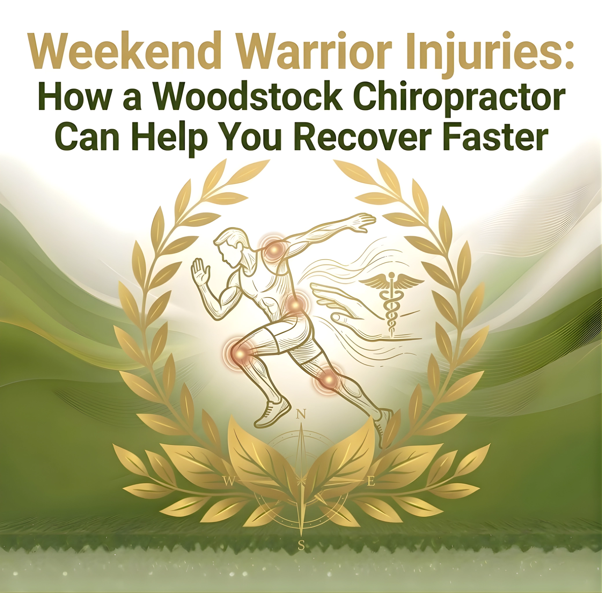 Featured image of a running figure with highlighted joints, surrounded by laurel leaves. Text reads "Weekend Warrior Injuries: How a Woodstock Chiropractor Can Help You Recover Faster" on a green background.